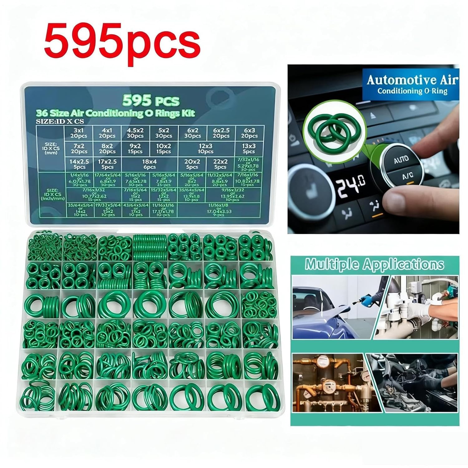 595PCS Car A/C O Rings Kit 36 Size Rubber Air Conditioning Faucet Seal Repair
