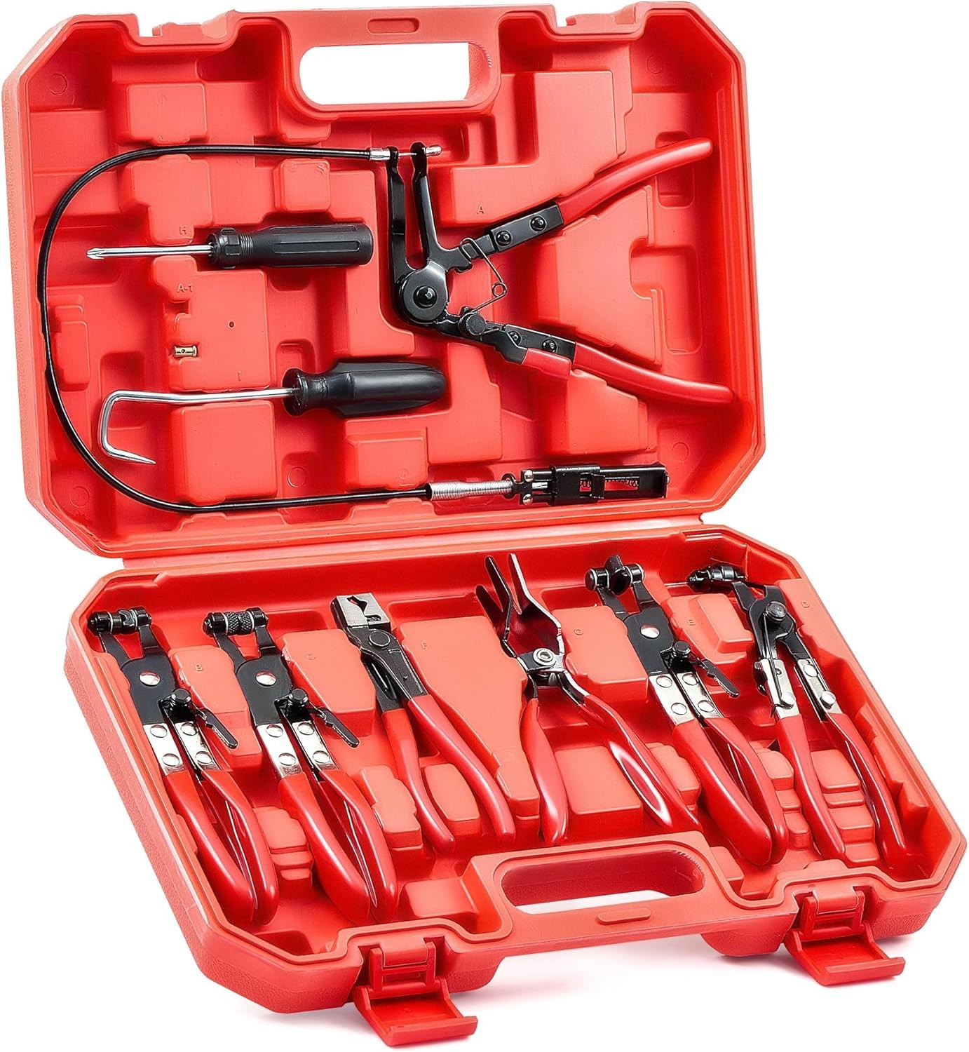 9PCS Flexible Hose Clamp Clip Plier Tool Set w/Swivel Jaw Flat Angled Band Red