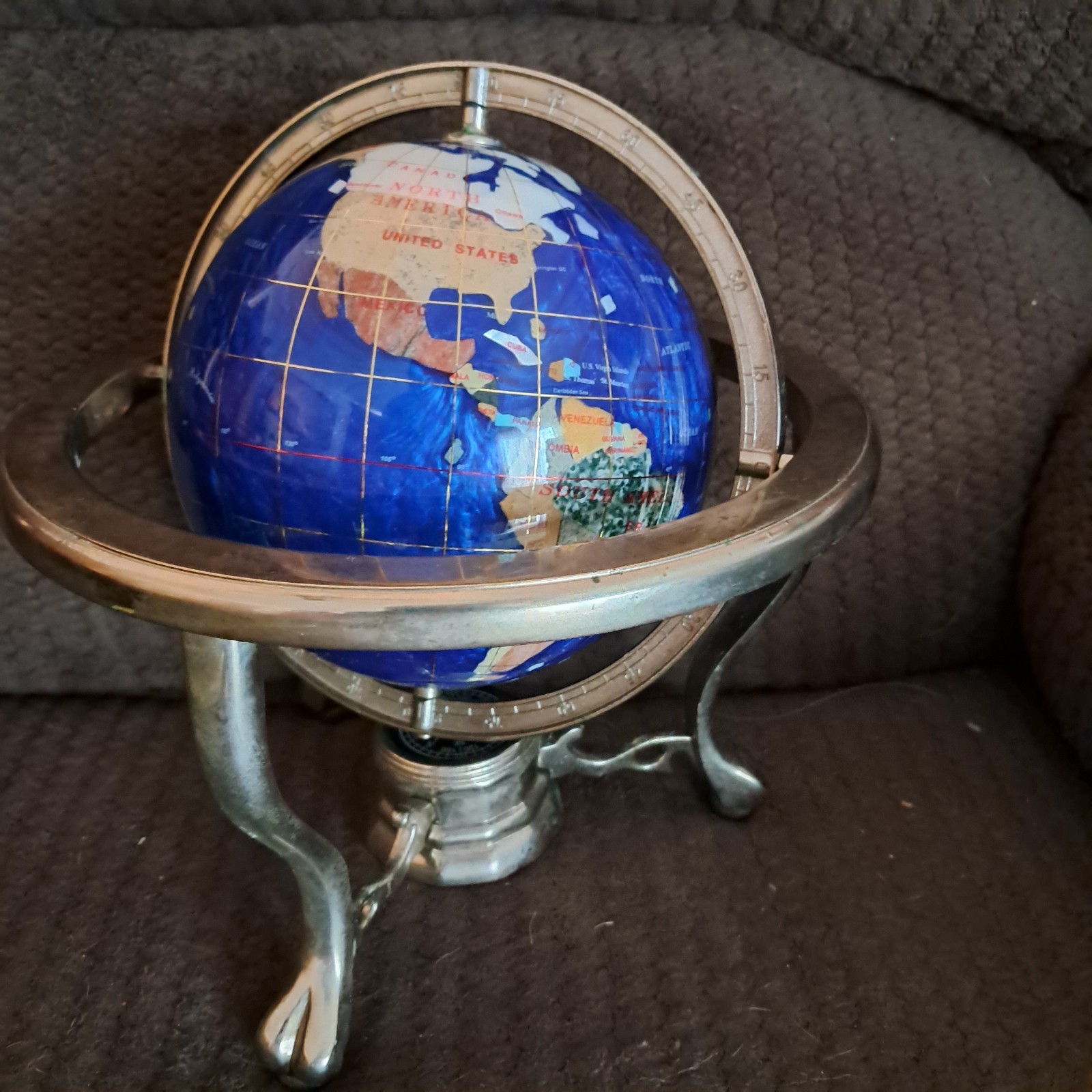 11" Vintage Brass Precious Stone Inlay Lapis World Tabletop Globe w Compass