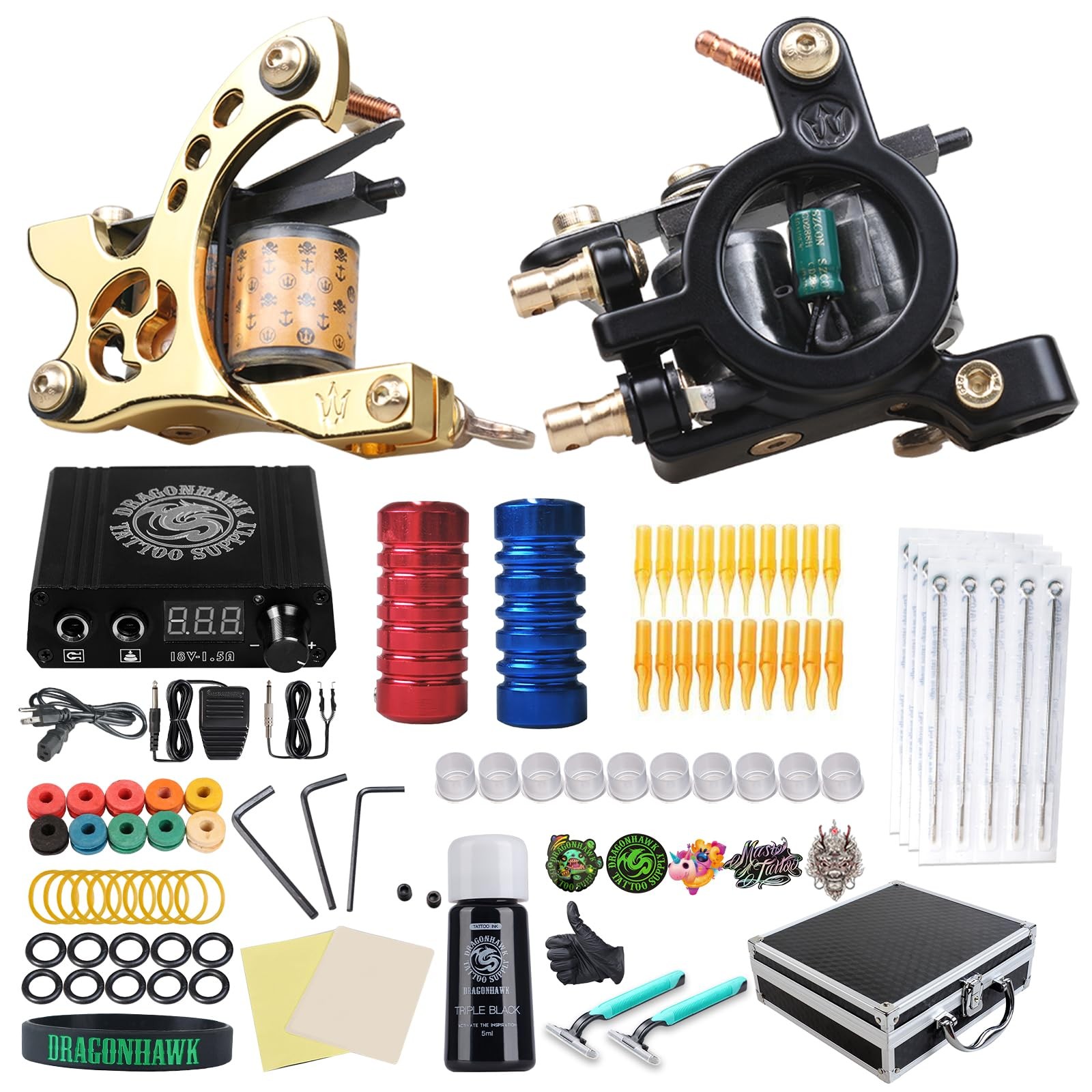 Dragonhawk Complete Tattoo Kit for Beginners 2 Pro with Case, Multicolor