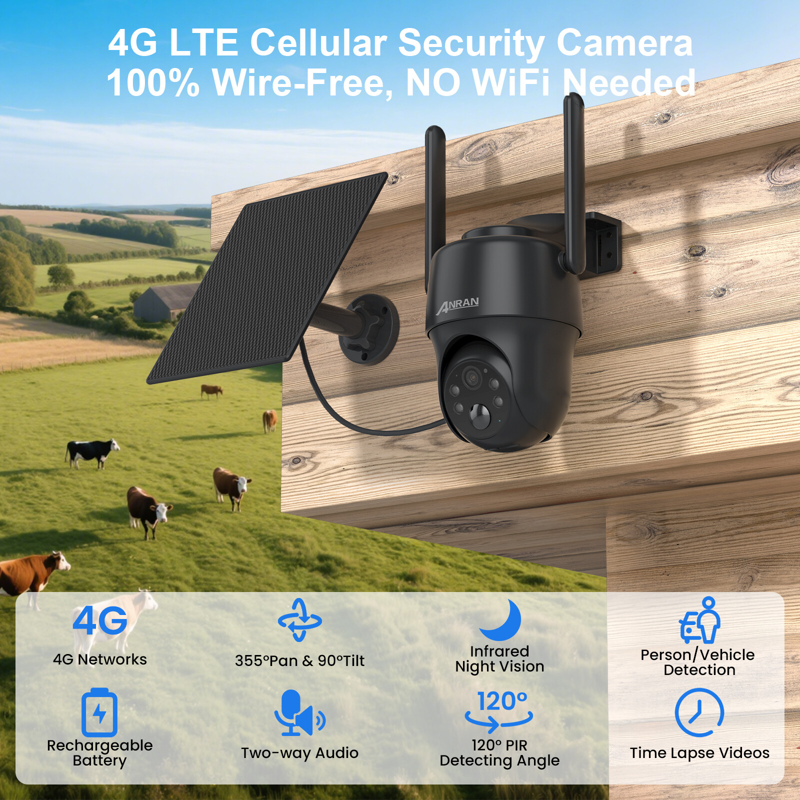 ANRAN 4G LTE Cellular Security Camera with SIM Card Solar Powered 3MP PTZ Camera
