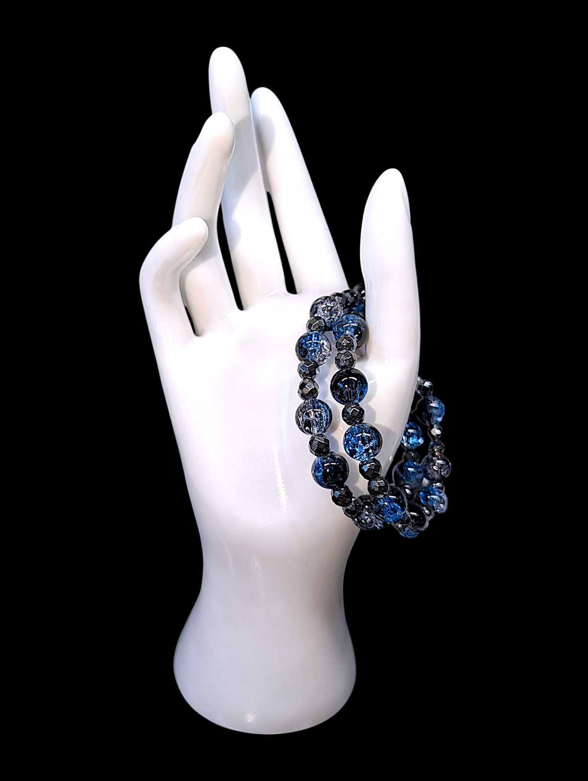 Viscountess Bracelet with blue and black glass and hematite beads adjustable mem
