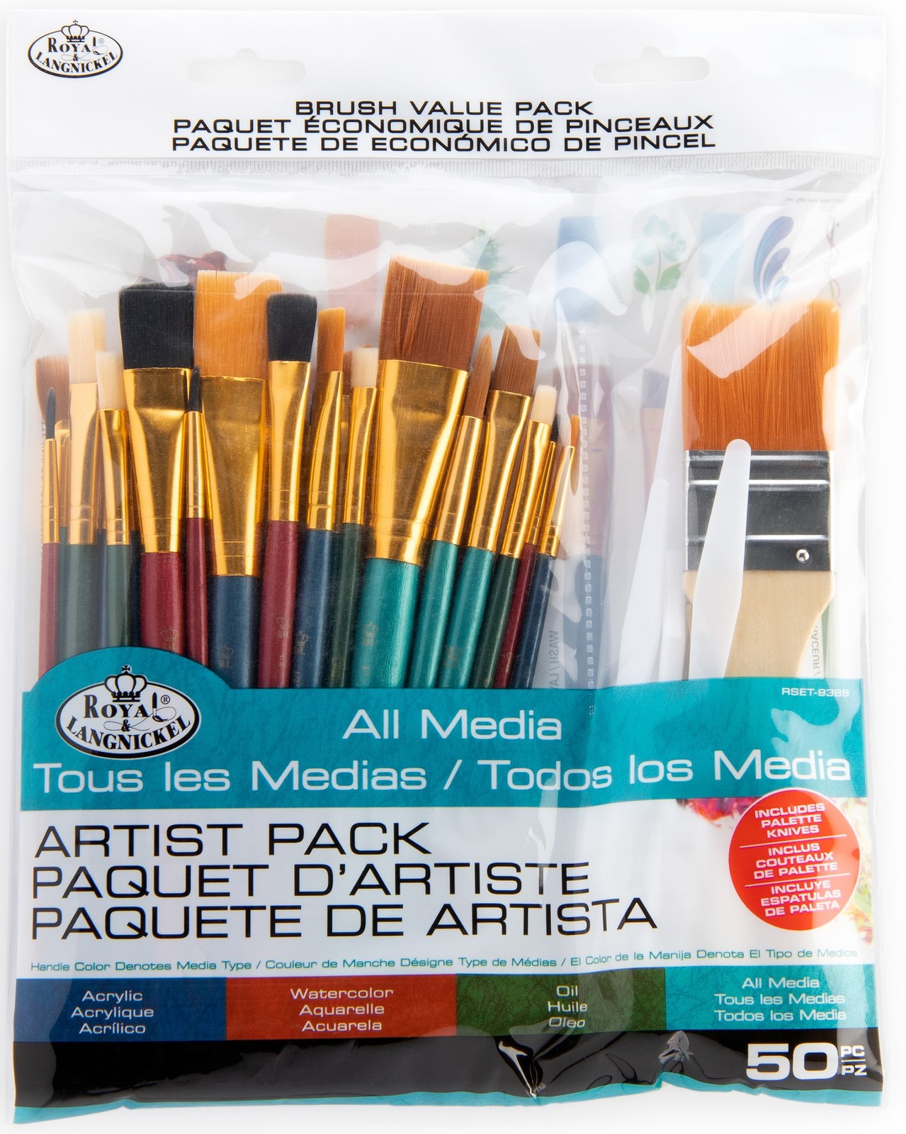 -50pc All Media Assorted Shape Synthetic Bristle Artist Paint Brushes