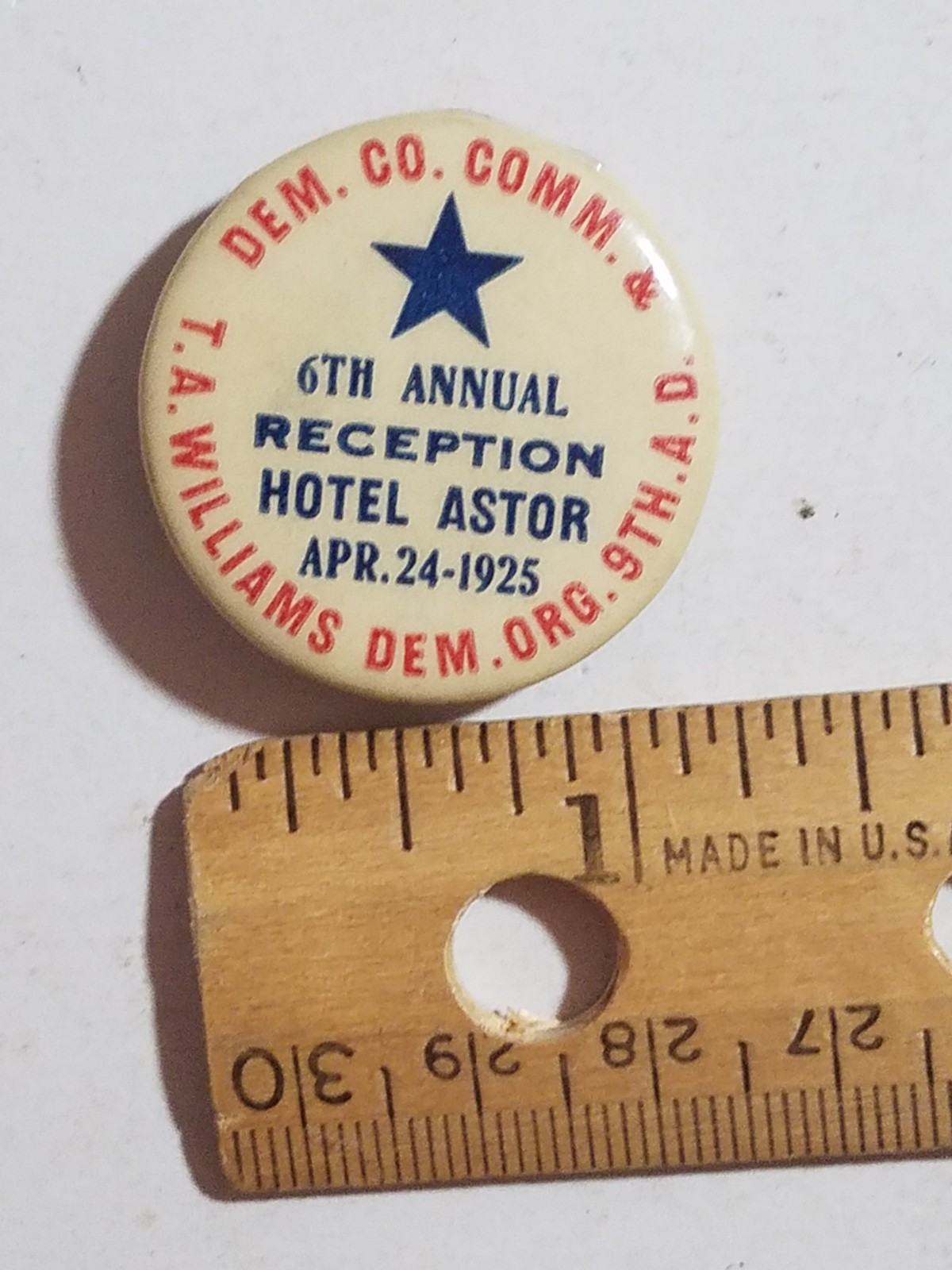 1925 Democratic Co. Comm. T.A. Williams, 9th Assembly District Hotel Astor NY