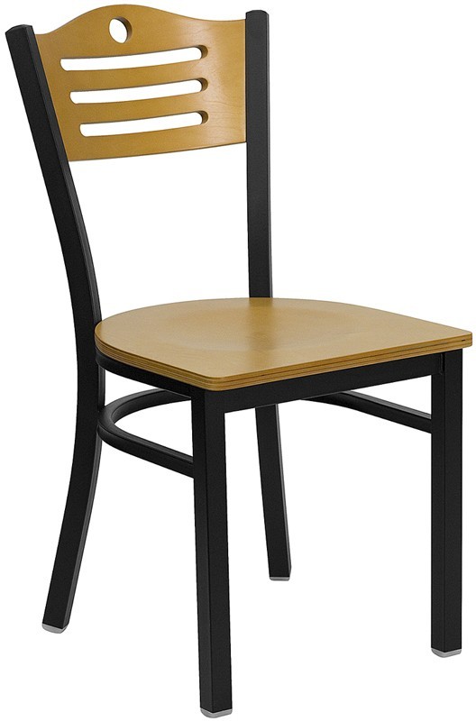 Black Slat Back Metal Restaurant Chair With Natural Wood Seat