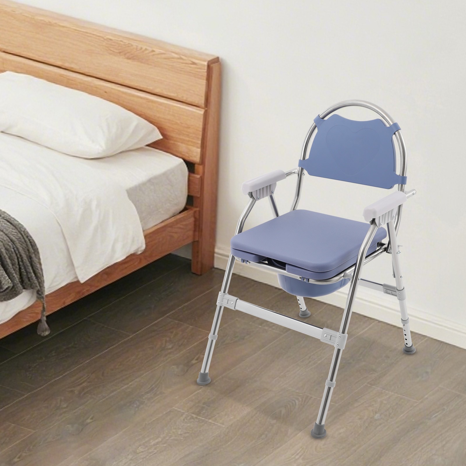 Toilet Chair With Padded Seat Plate And Toilet Bucket, Foldable Toilet ChairBlue