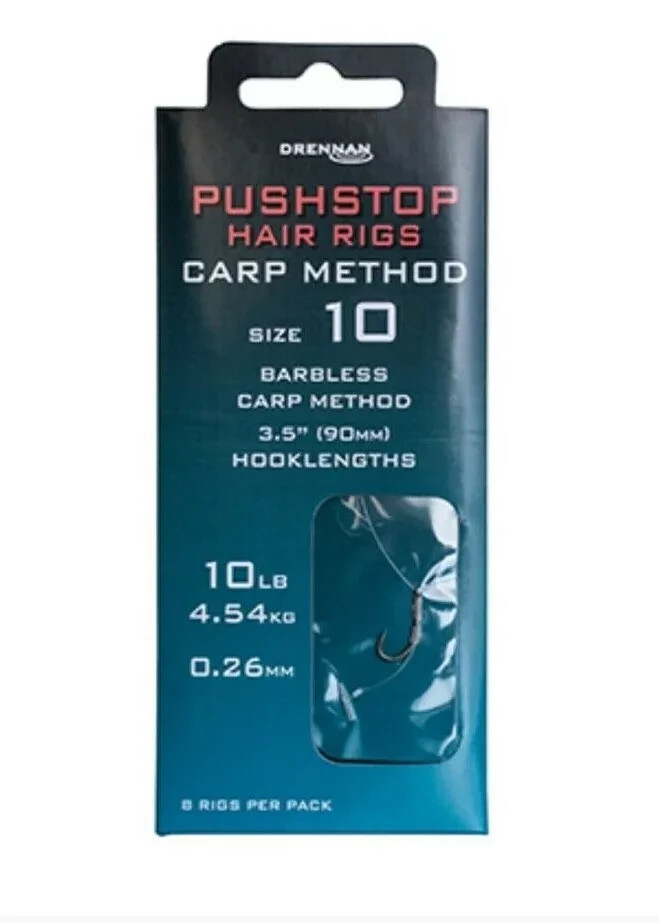 DRENNAN CARP METHOD PUSHSTOP HAIR RIGS - BARBLESS HOOKS - 8 RIGS - 3.5” (90mm)