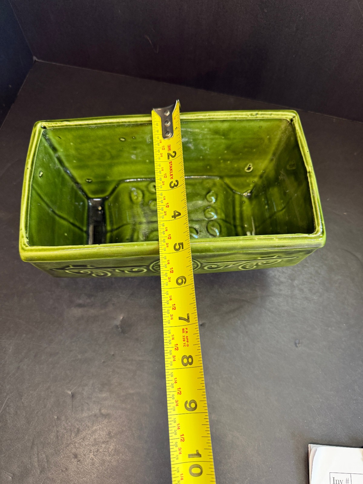 Vintage Green Ceramic Planter Mid Century Scroll Design Footed Plant Pot 9”