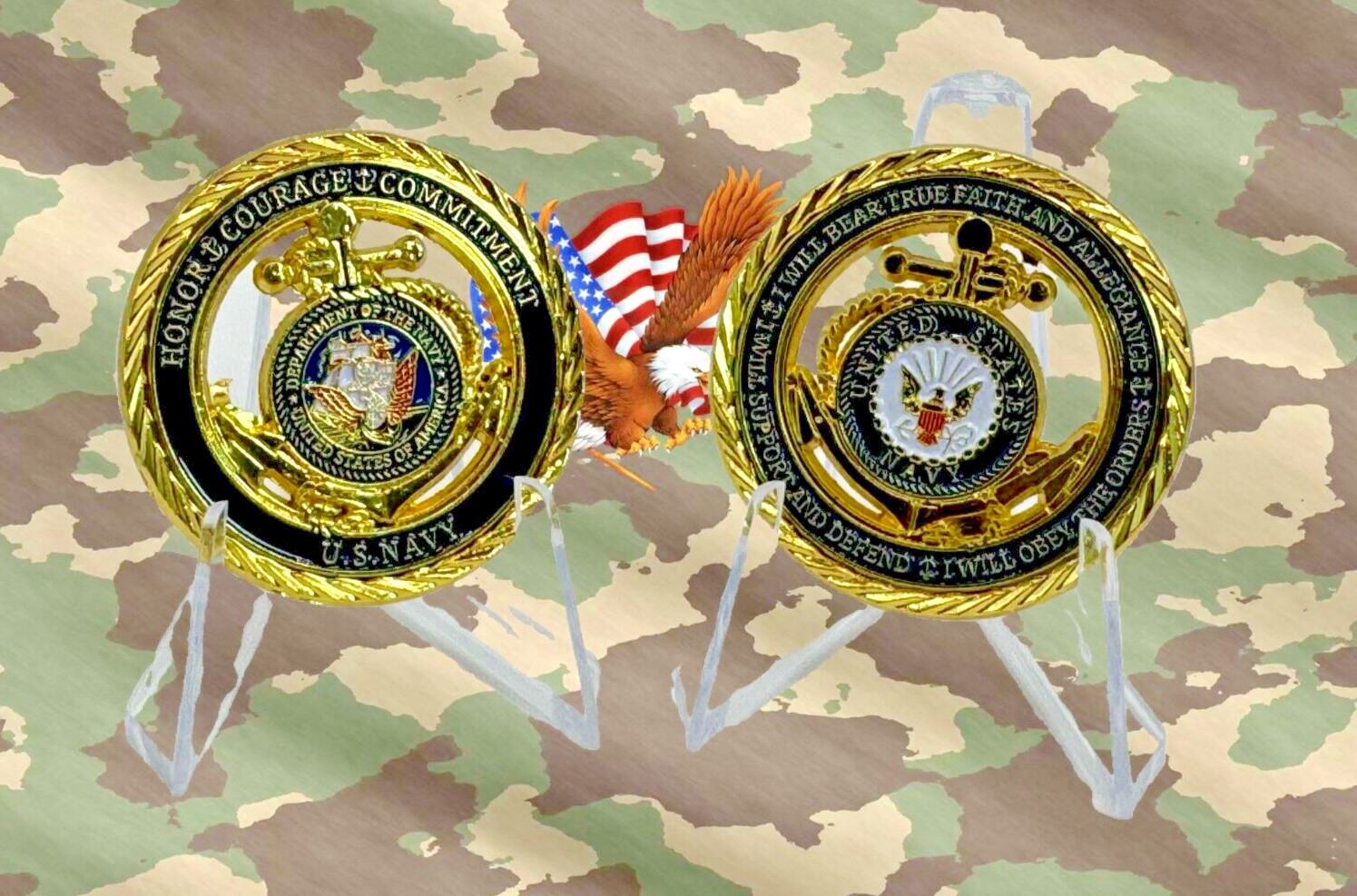 US Navy Challenge Coin, Metal With Cut Out Gold Blue and White Stocking Stuffer