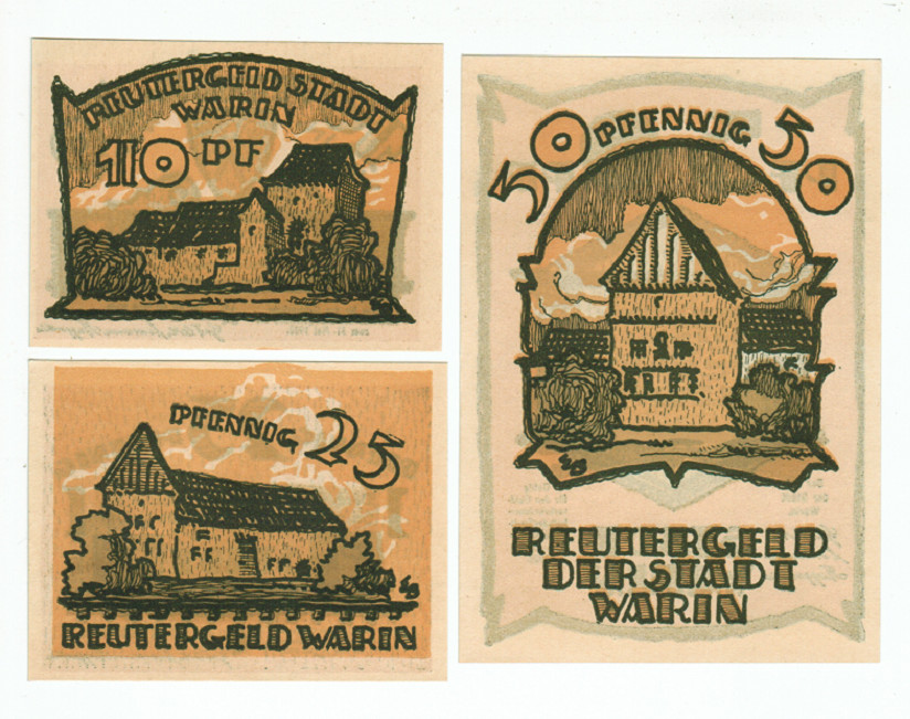SET OF 3 GERMANY NOTGELD 10.25.50 PFENNIG STADT-WARIN 1922 UNC