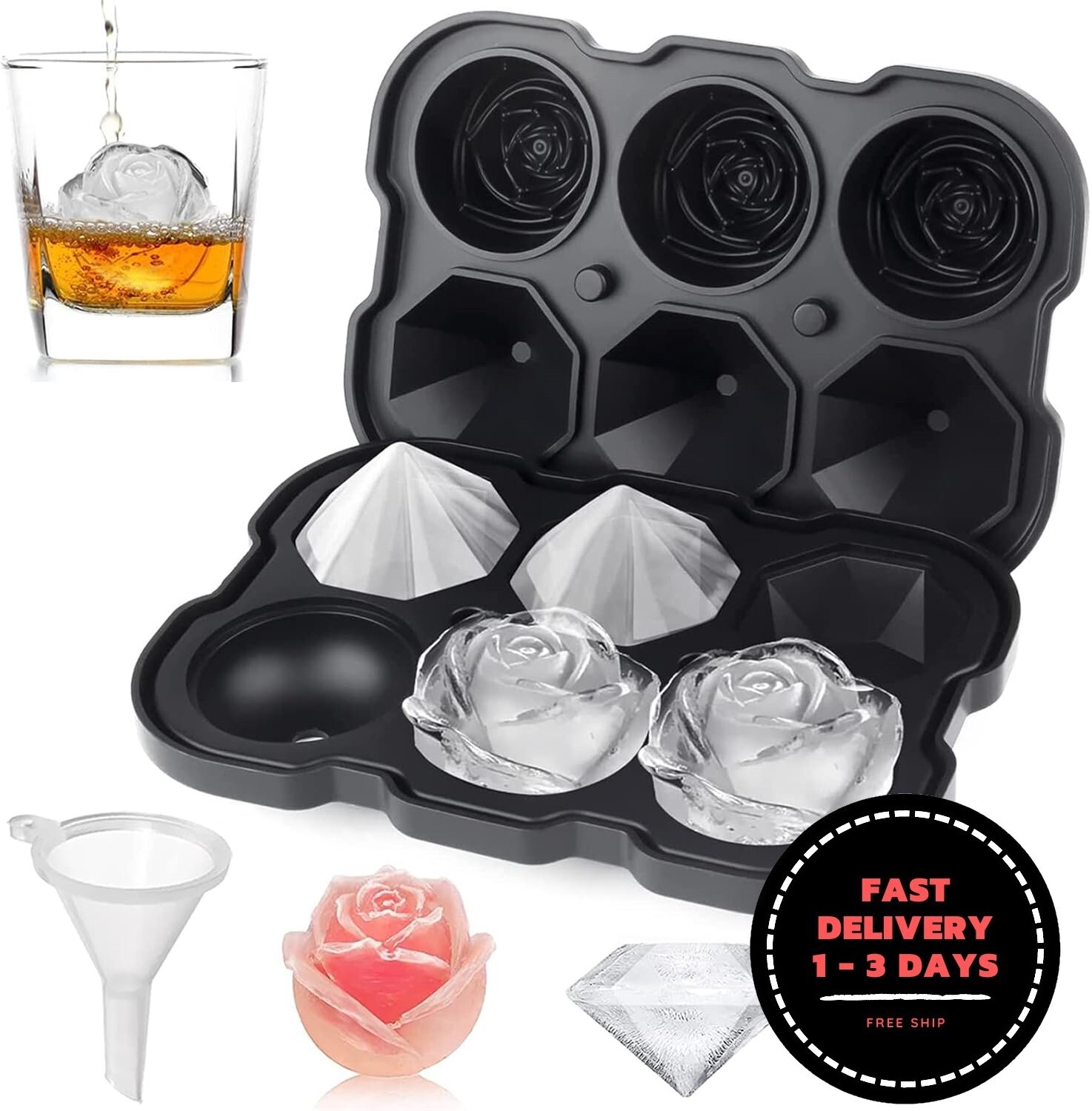 Bandeja para cubitos de hielo  de 5 cm con tapas, bandeja de silicona con