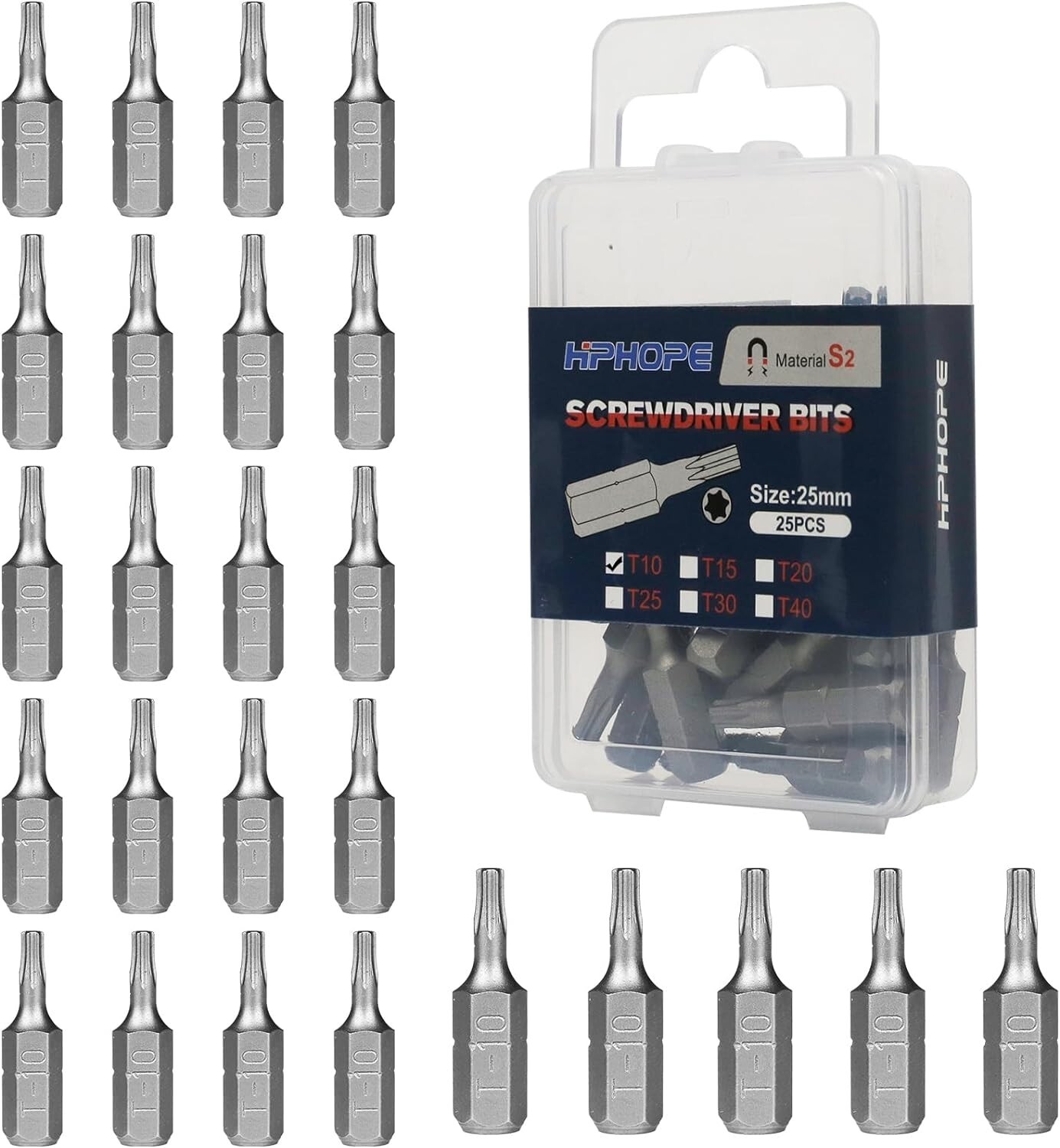 T10 Screwdriver Bit Set Torx Bits T10 1/4" Hexagon Bit Length 1" 25 Pack