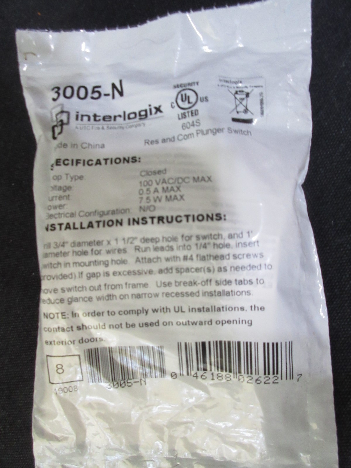 Interlogix 3005-N Plunger and Toggle Switch, Recessed Roller Plunger/Closed, MIP