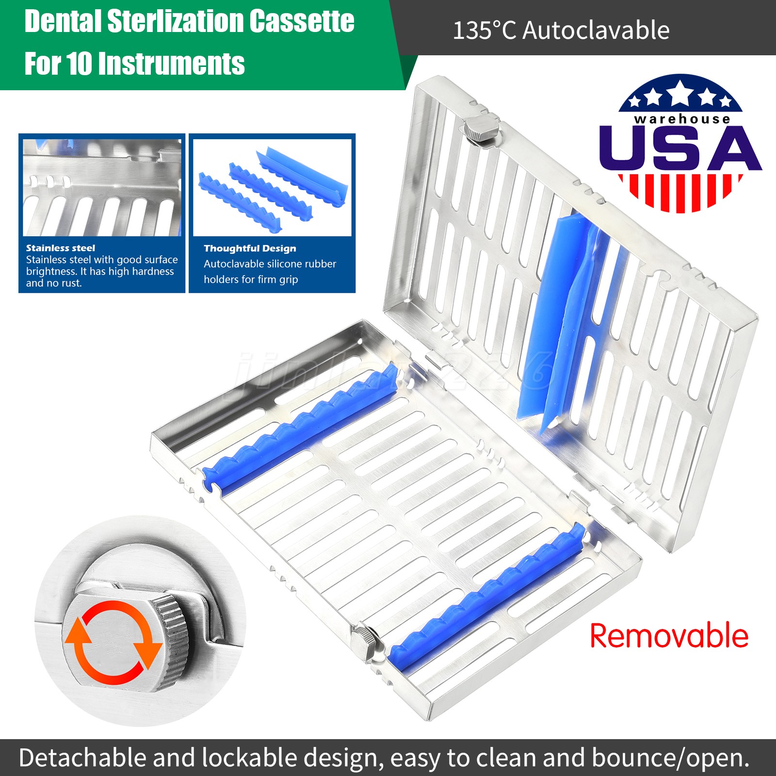 Dental 10 Instruments Sterilization Box Tool Holder Cage Cassette Rack Tray