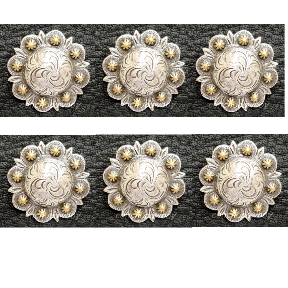 Set of 6 WESTERN HORSE SADDLE TACK ANTIQUE GOLD BERRY CONCHOS 1-1/4" SCREW BACK