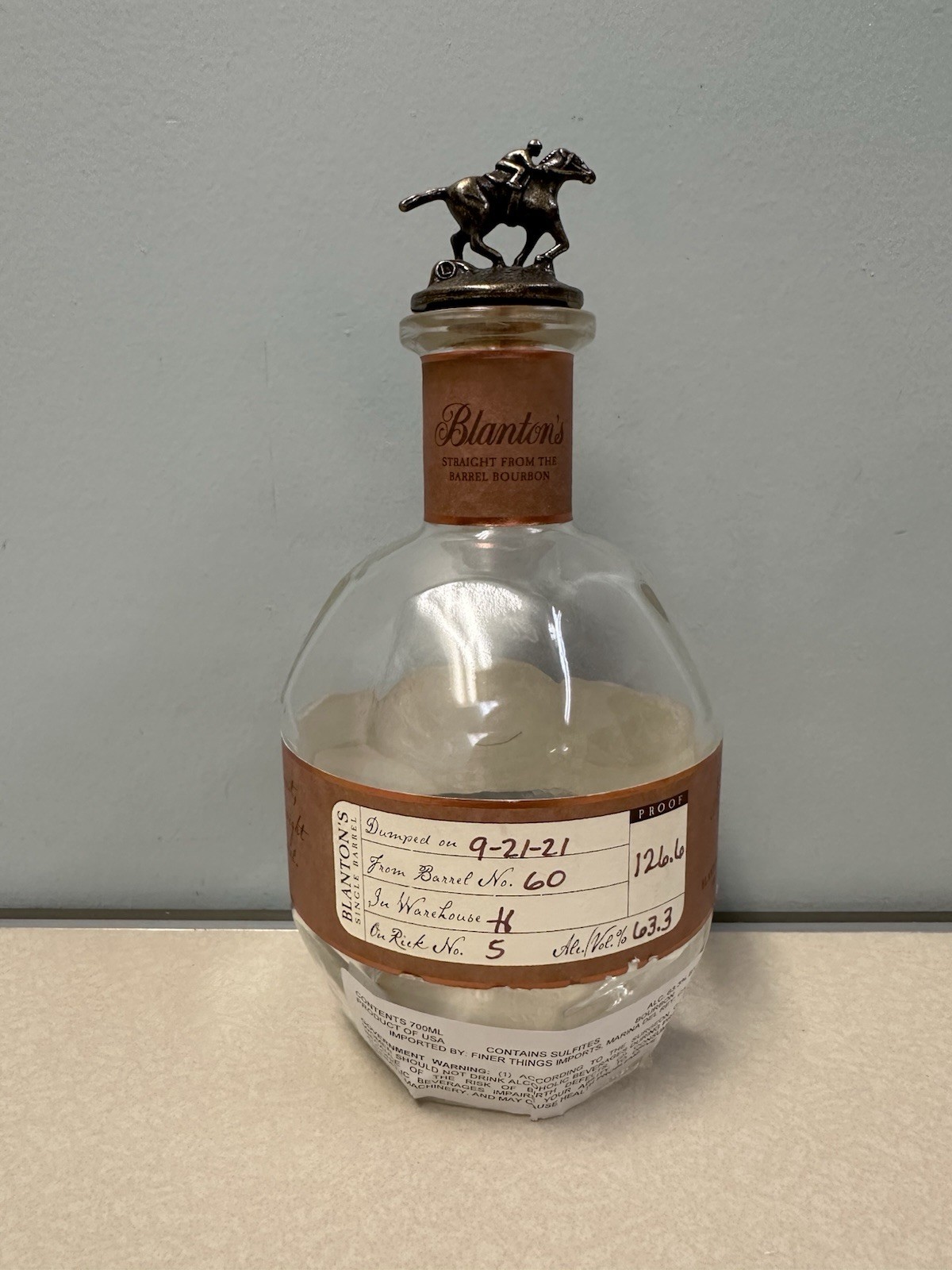 Blanton’s Bourbon Bottle L, Letter ‘L’, Empty & Unrinsed, 132.9