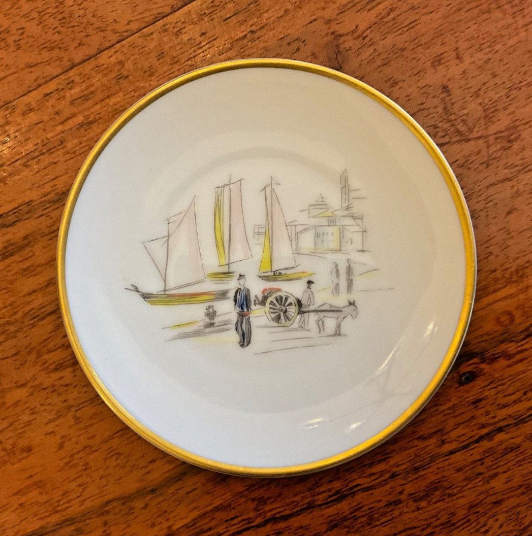 Hutchenreuther Bavaria Germany "Boats and Bay" Nut Candy Dish Gold Rare LHS