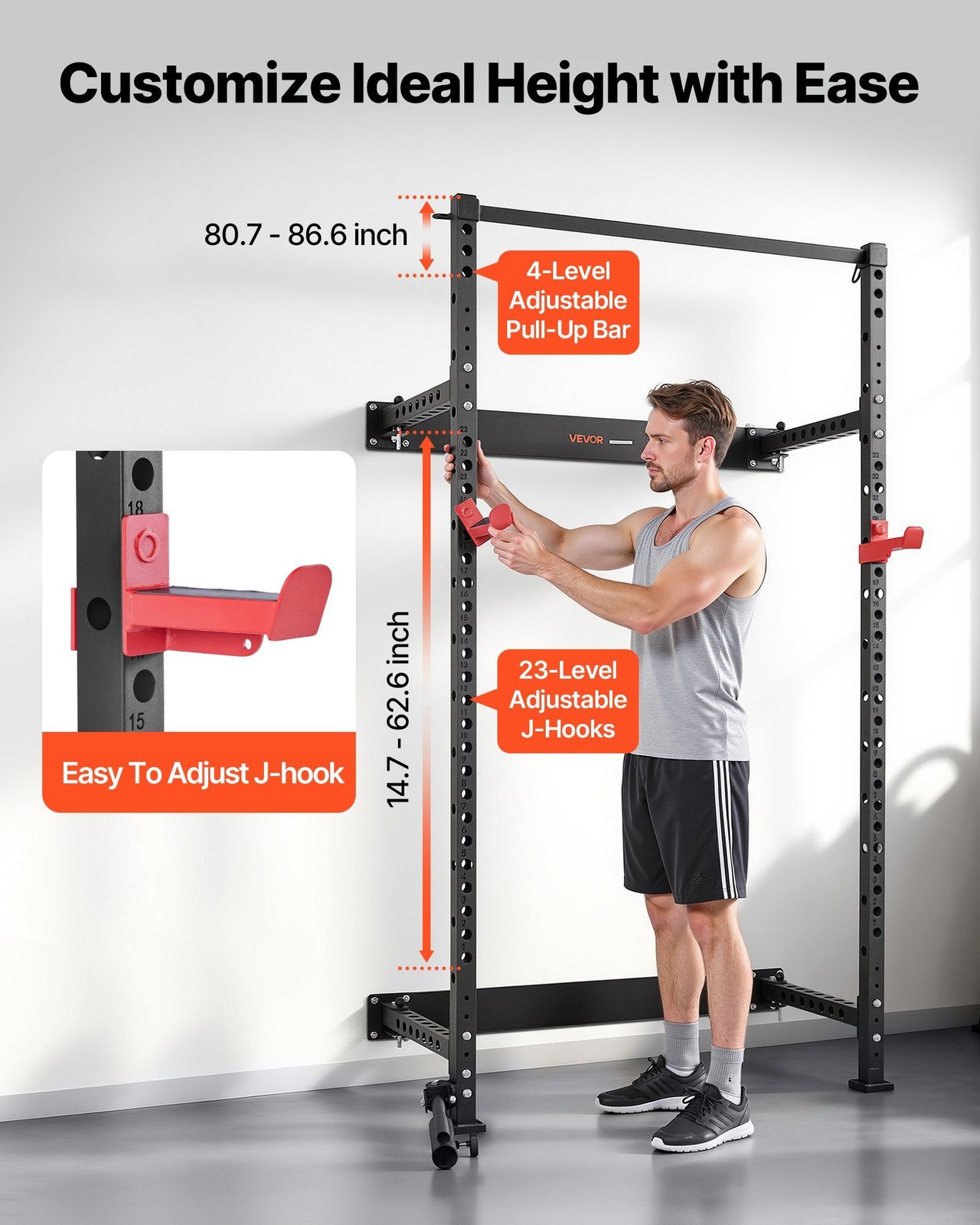 Wall-Mounted Folding Power Rack: 1000LB Capacity, Adjustable J-Hooks & Bar