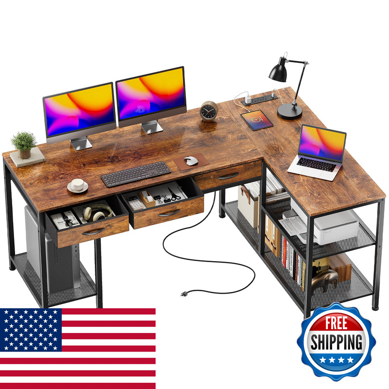Praisun 55 Inch L Shaped Office Desk Power Outlets And Type-C Port Large