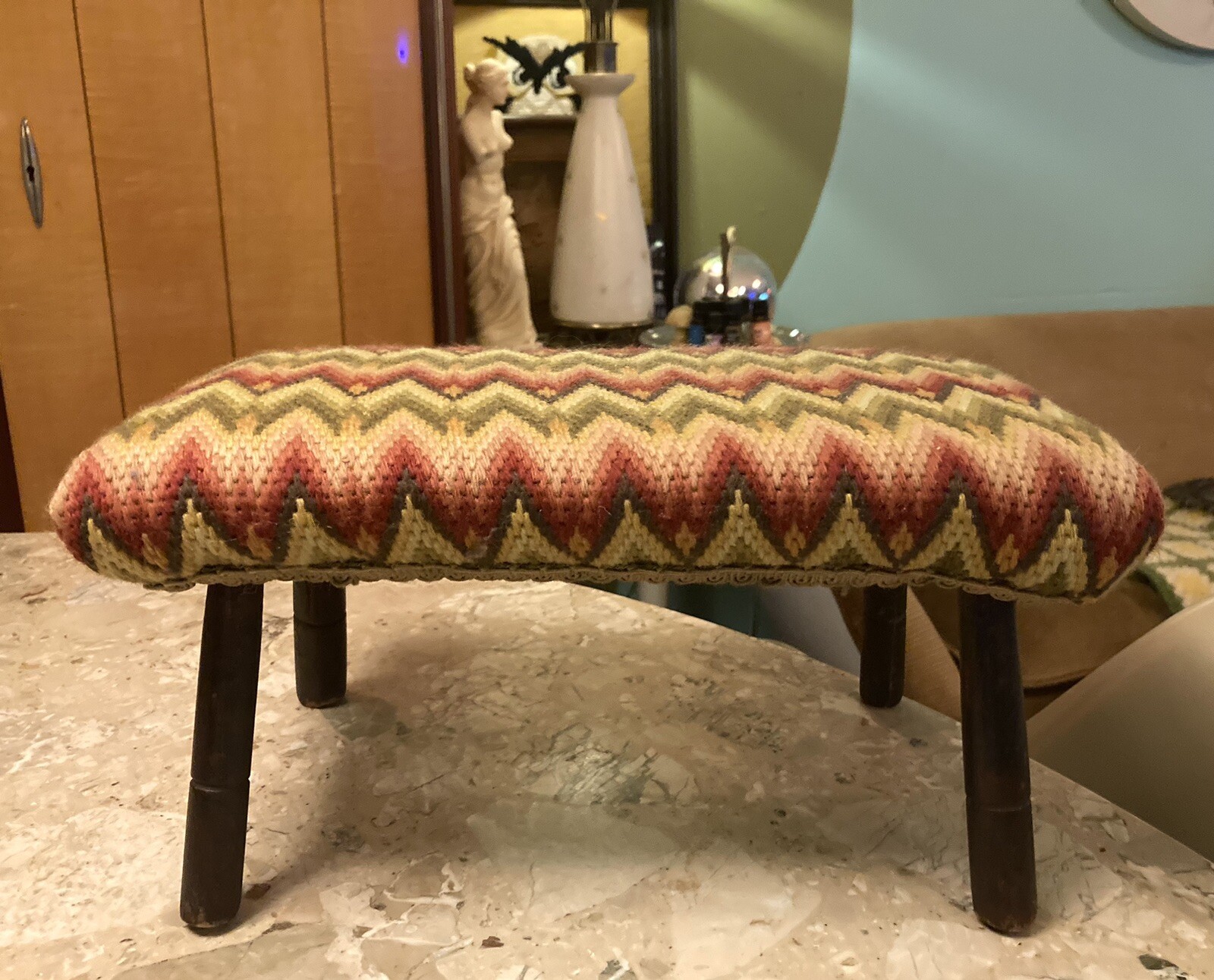 Antique Cricket Stool Zig Zag Needlepoint Top Foot Stoop