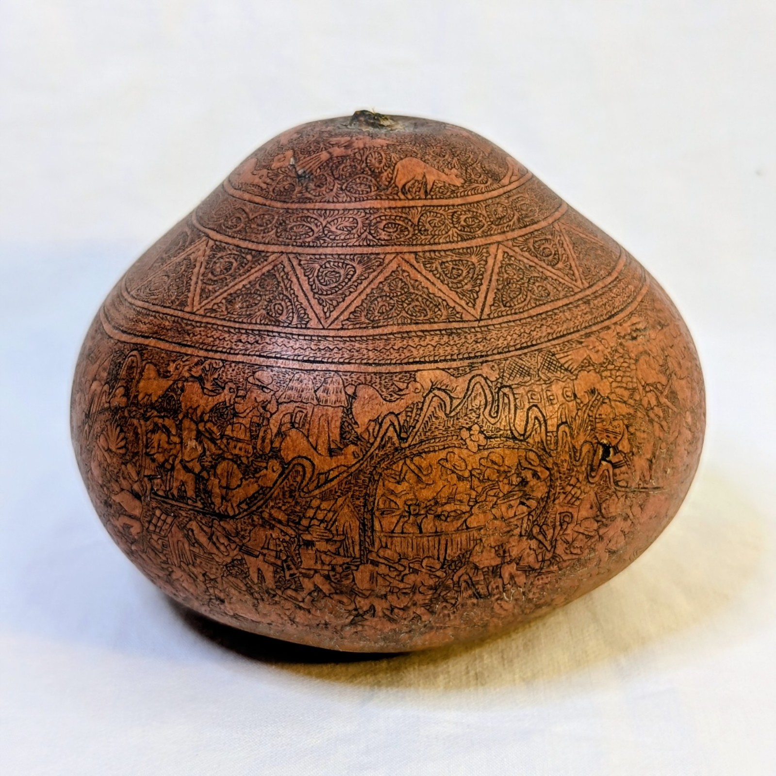 Vintage Peruvian Mate Burilado Hand Carved Gourd Intricate Village Life Art