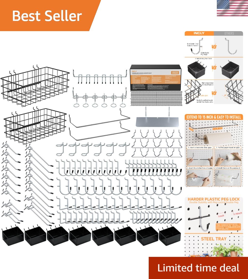 238PCS Pegboard Accessories Organizer Kit, Peg Board Hooks Assortment with Pe...