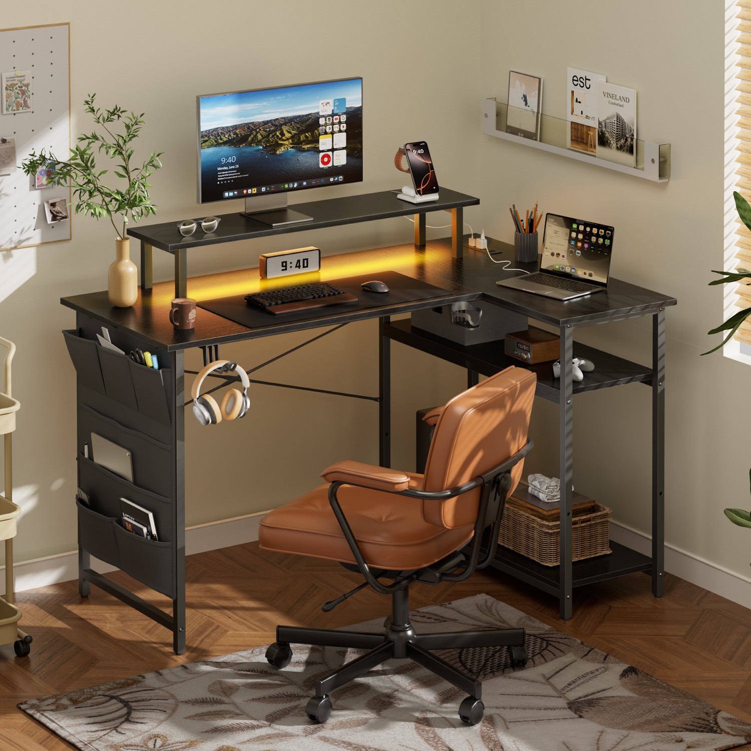 L Shaped Gaming Desk with LED & Power Outlets, Corner Desk with Monitor Stand