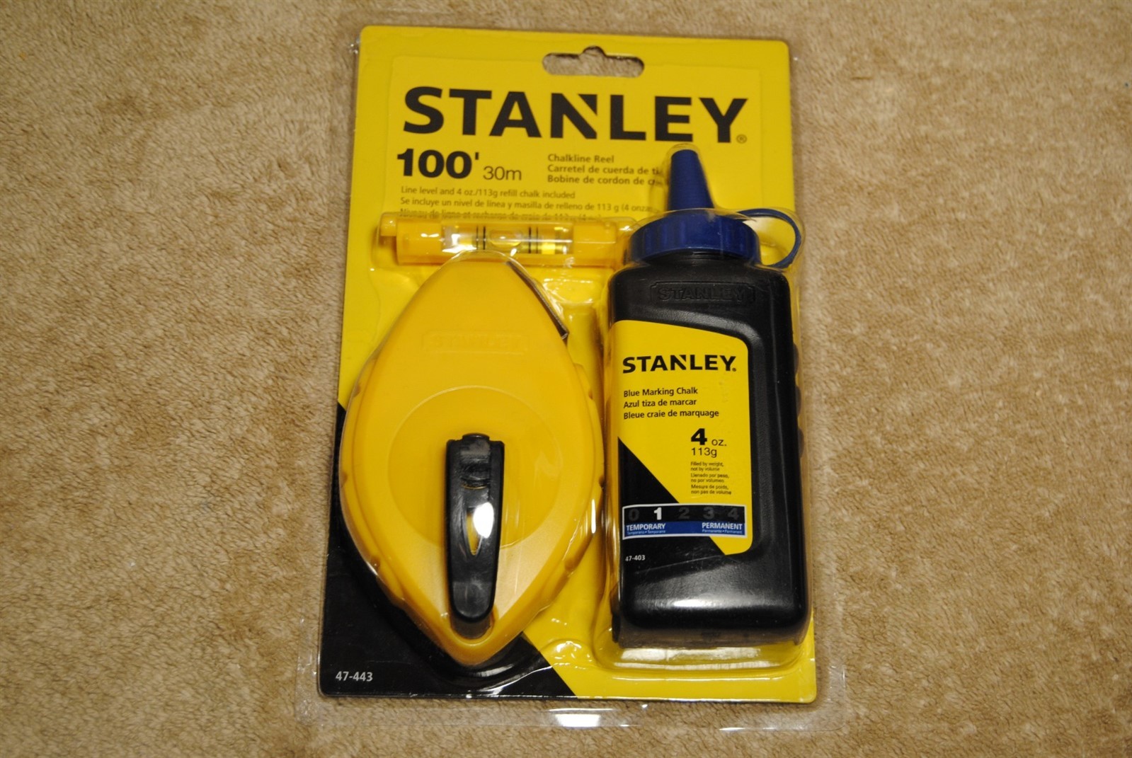 New Stanley 100’ Chalkline Reel Line Level & Refill Chalk 47-443 New in Package