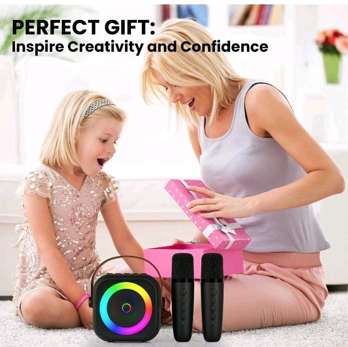 Mini Karaoke Machine, Portable Bluetooth Speaker 2 Mics, Black 2 Mics
