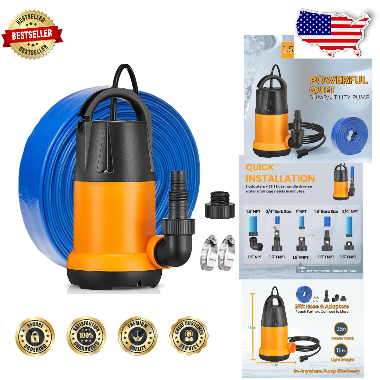 Durable Water Pump 4000 GPH 1.5HP, 25ft Hose, 31ft Lift, Corrosion Resistant