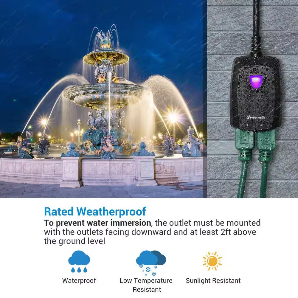 Outdoor Wireless Remote Control Outlet, 2 Independent Control Sockets, Black