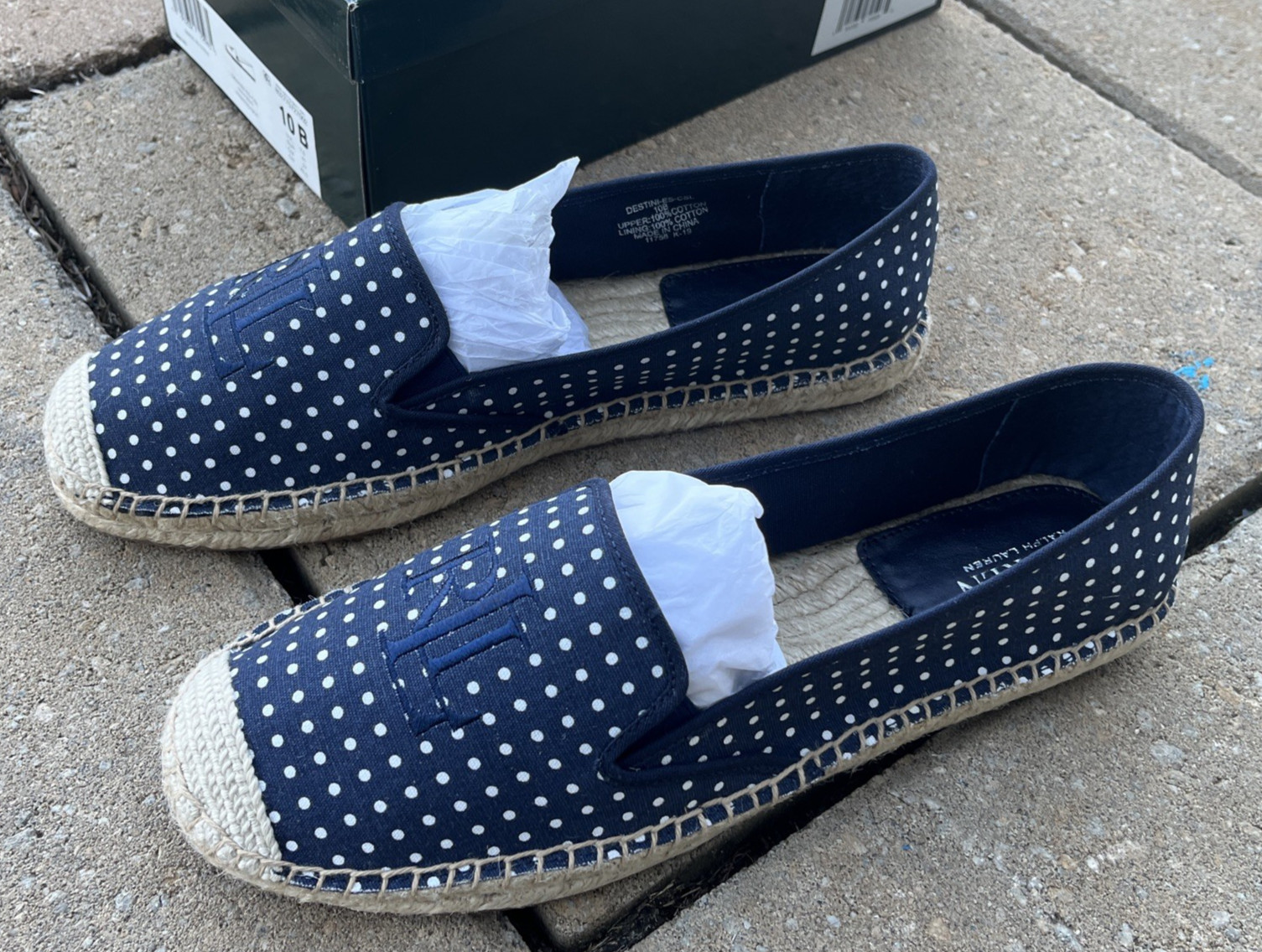 Lauren Ralph Lauren Destini Espadrille Shoes Sz 7.5 Slip On Blue White Polka Dot