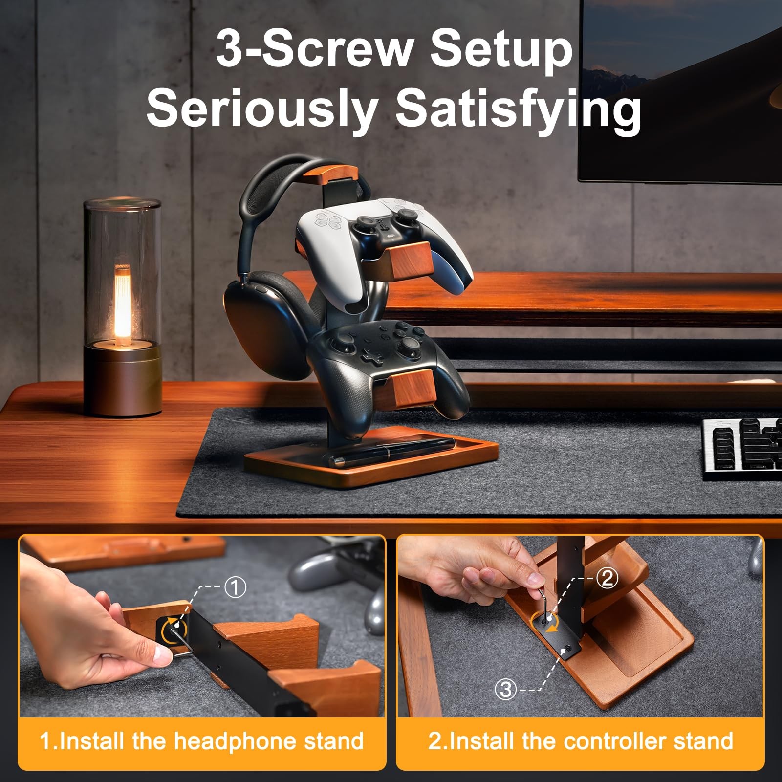 Solid Wood Controller Holder and Headphone Stand, Brown & Black