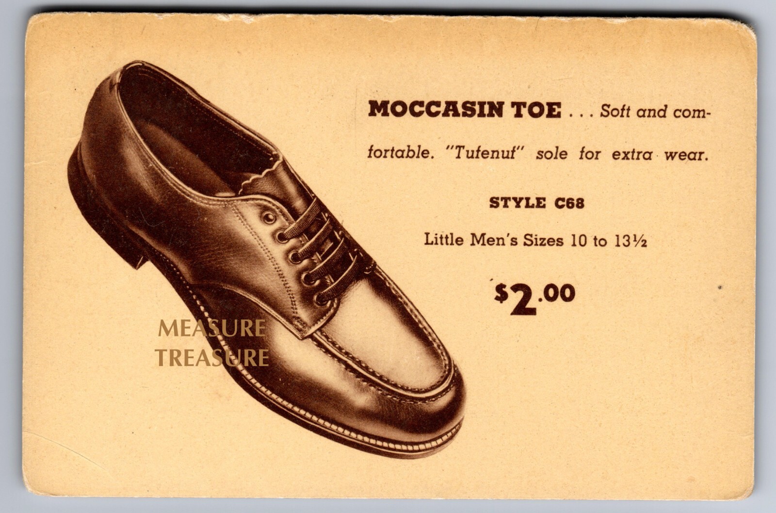 C.1940 MOCCASIN TOE MEN'S SHOE TUFENUF FASHION PRICE PROMO TICKET CARD F10