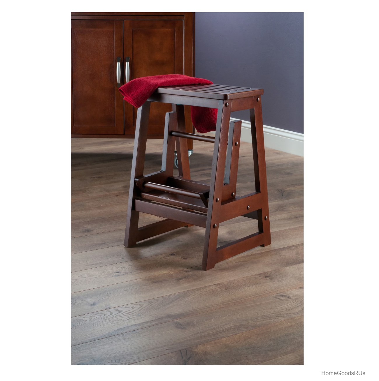 Solid Beech Wood Step Stool 2 Step Ascending Seat Walnut Finish Kitchen