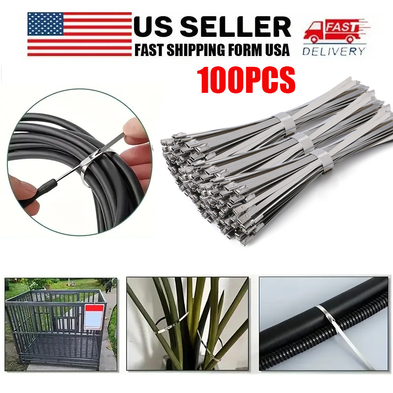 100 Pcs Metal Zip Ties Stainless Steel Heavy Duty Self-Locking Cable Ties US