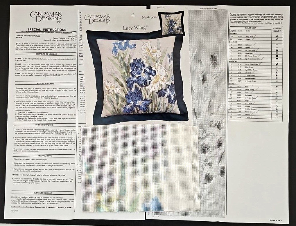 Vtg Lucy Wang Oriental Iris Needlepoint 14x14 Pillow Picture Canvas ONLY No Yarn