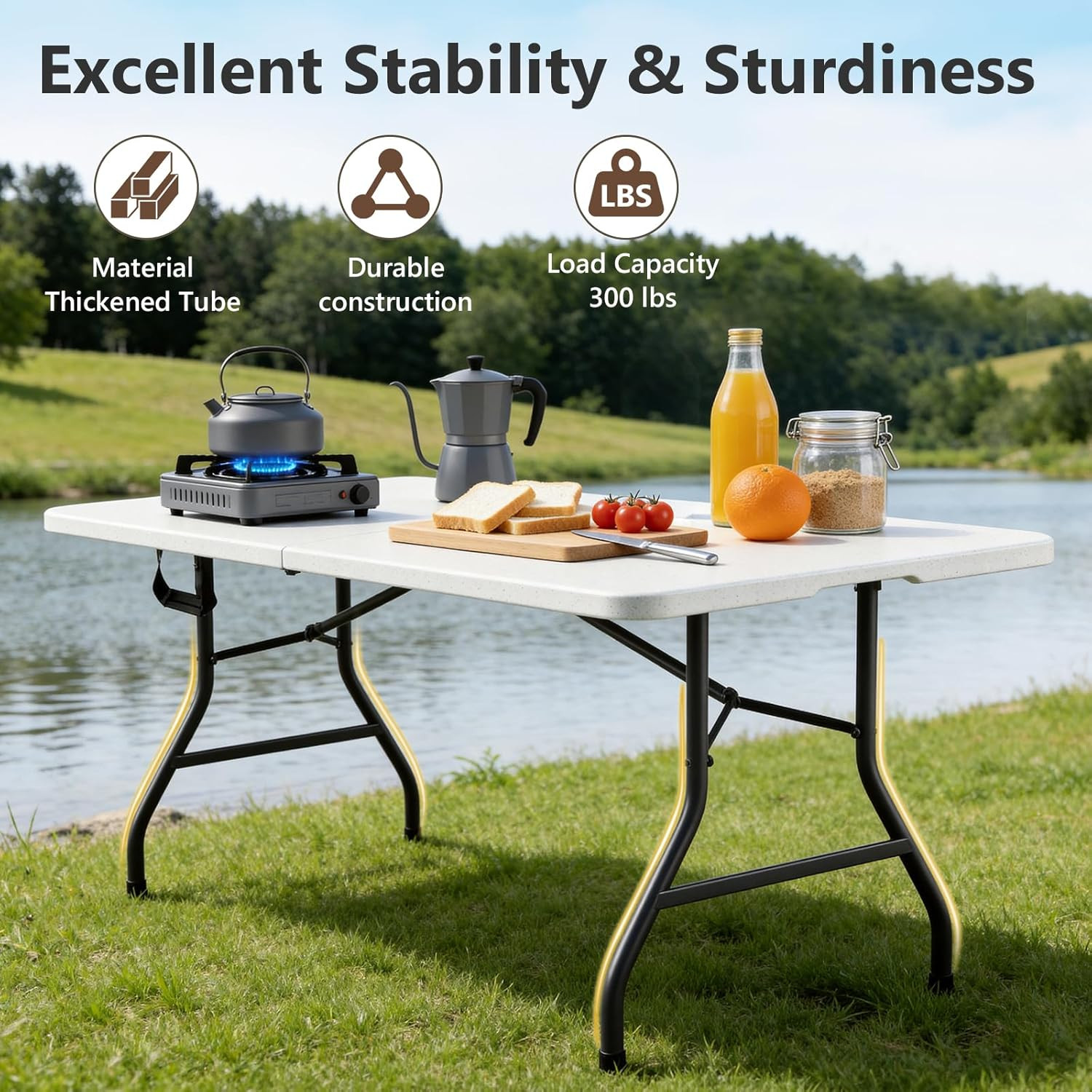 Folding Dining Table Set for 4, 5FT Foldable Plastic Table with Carrying Handle