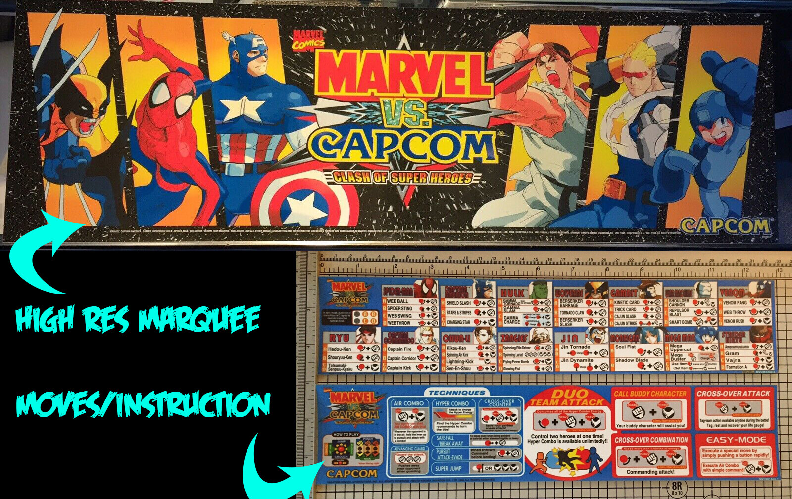 Marvel vs Capcom Arcade Marquee 26"x8" and Moves and Instruction Sticker Sheets