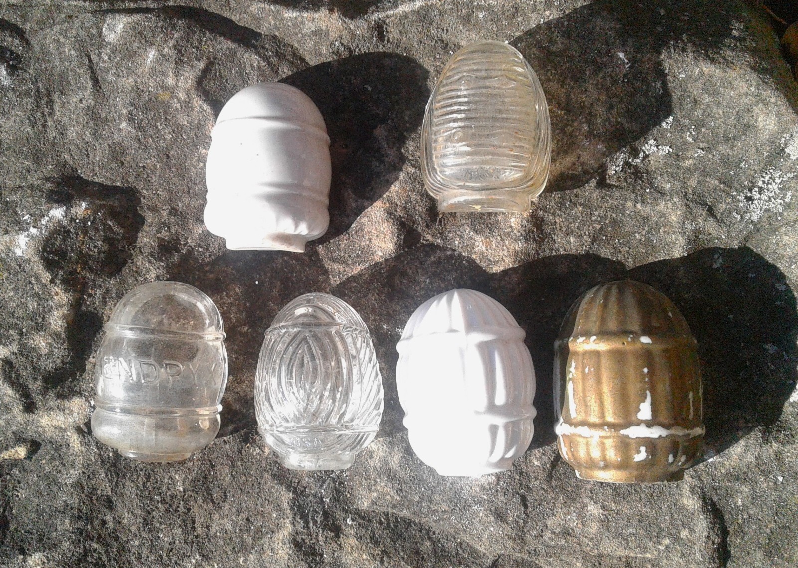 7 Antique Bird Cage Feeders Hendryx, Germany Milk Glass and Clear Glass
