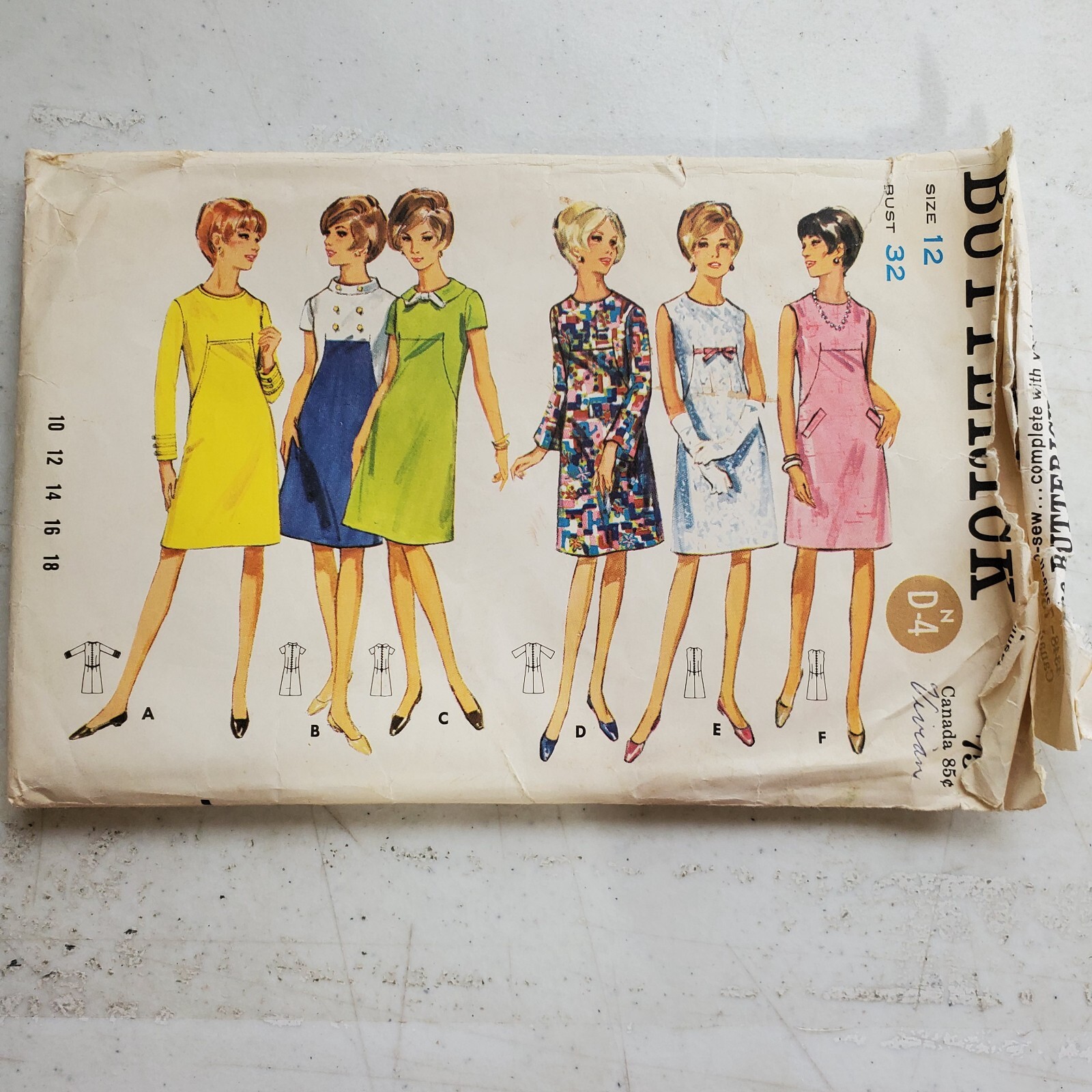 Butterick Pattern 4348 Dress Seam Detail Round Neck 3 Sleeves Miss 12 CUT 1960s