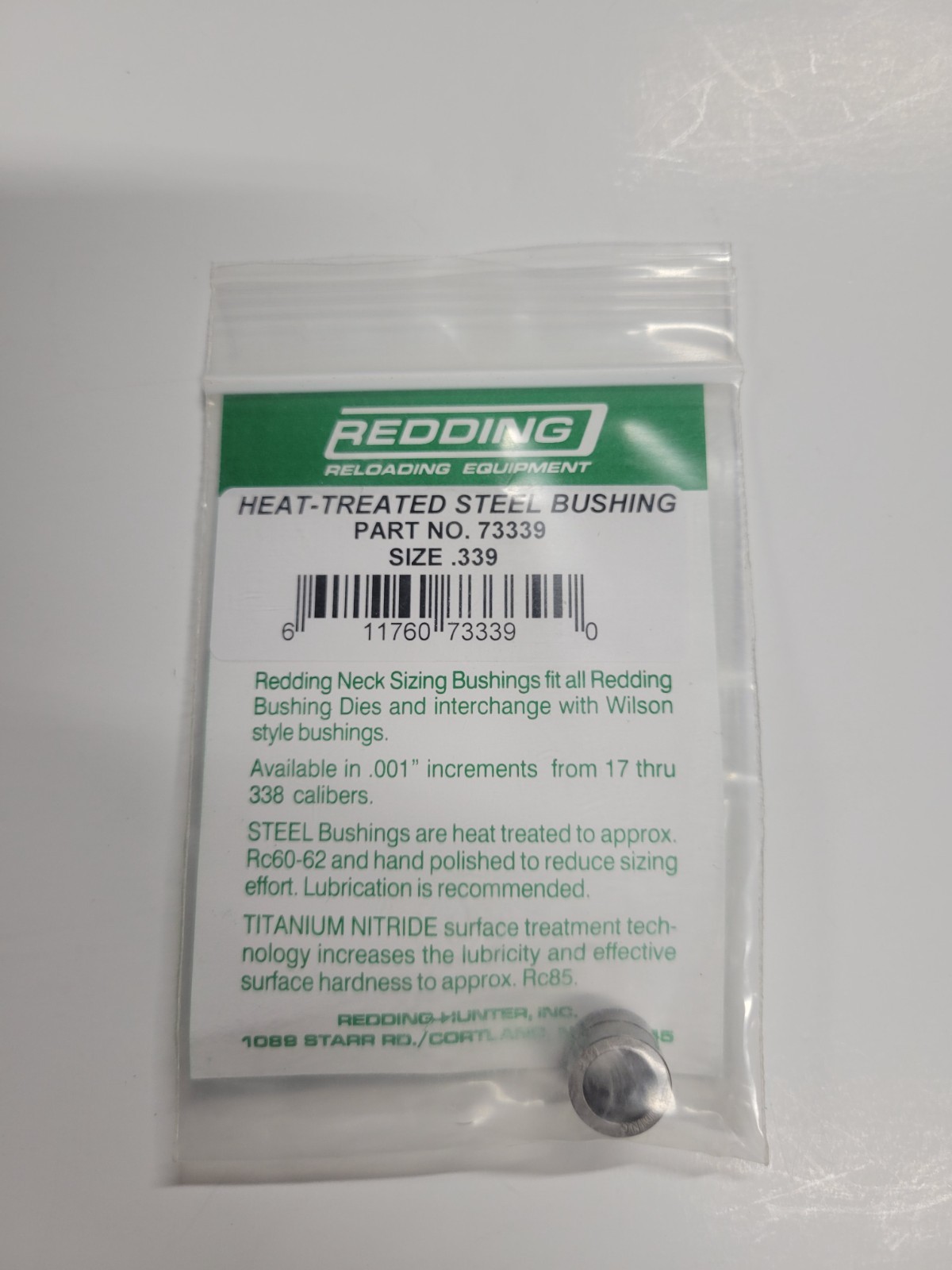 73339 REDDING HEAT TREATED STEEL .339 NECK SIZE BUSHING - PREOWNED IN PACKAGE