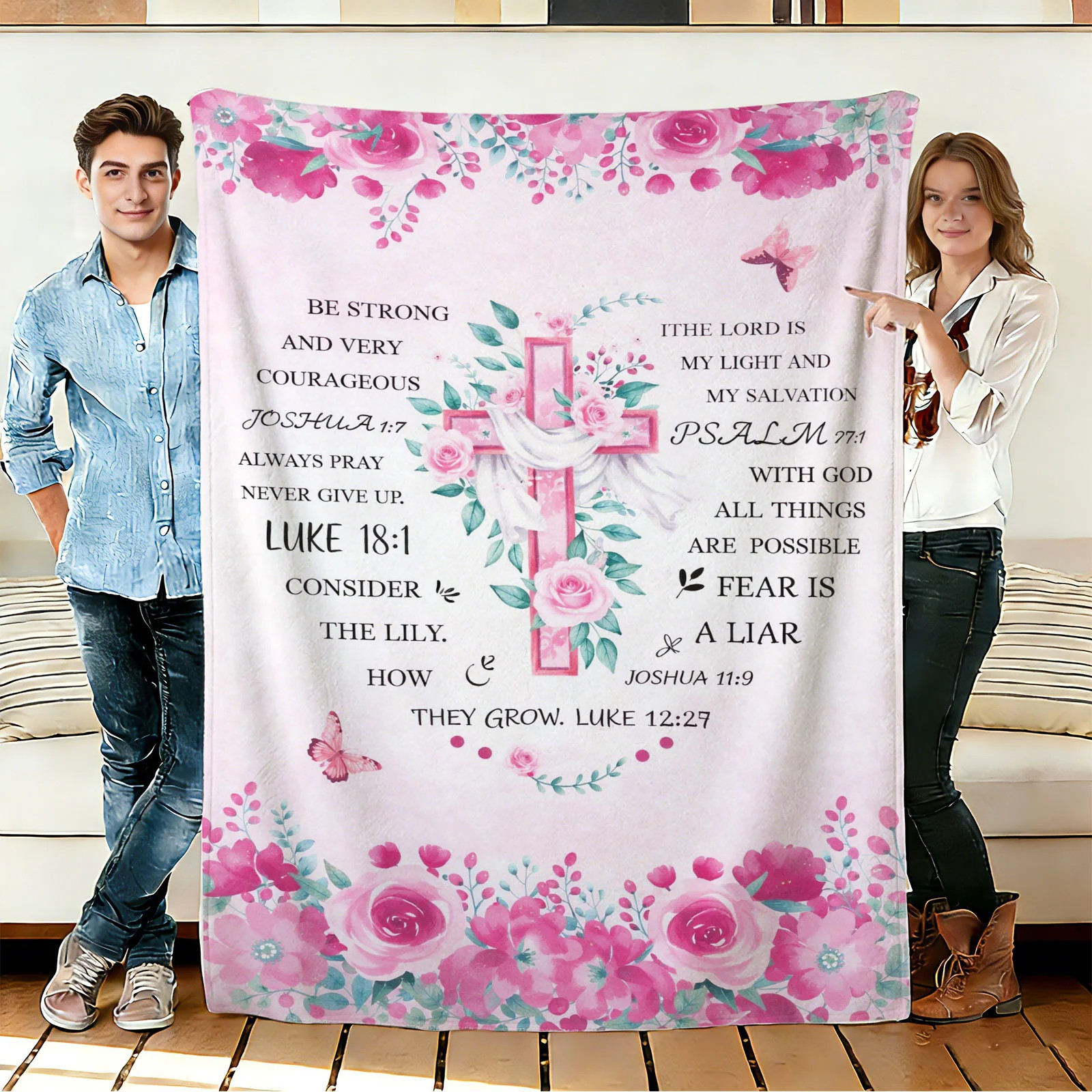 Cross and Pink Rose Flannel Blanket Soft Cozy Throws Napping Travel Use