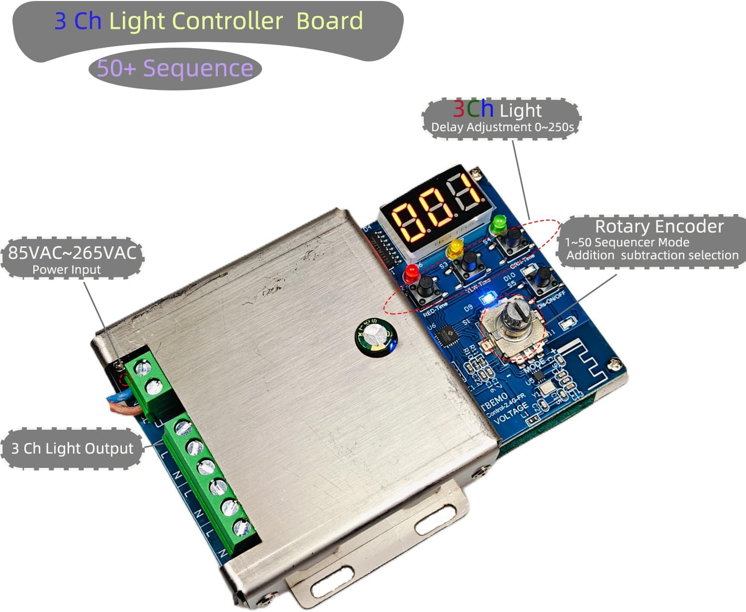 Remote 3 Channel Light Controller Sequencer with 50+ Modes 110/240V AC Easy to P