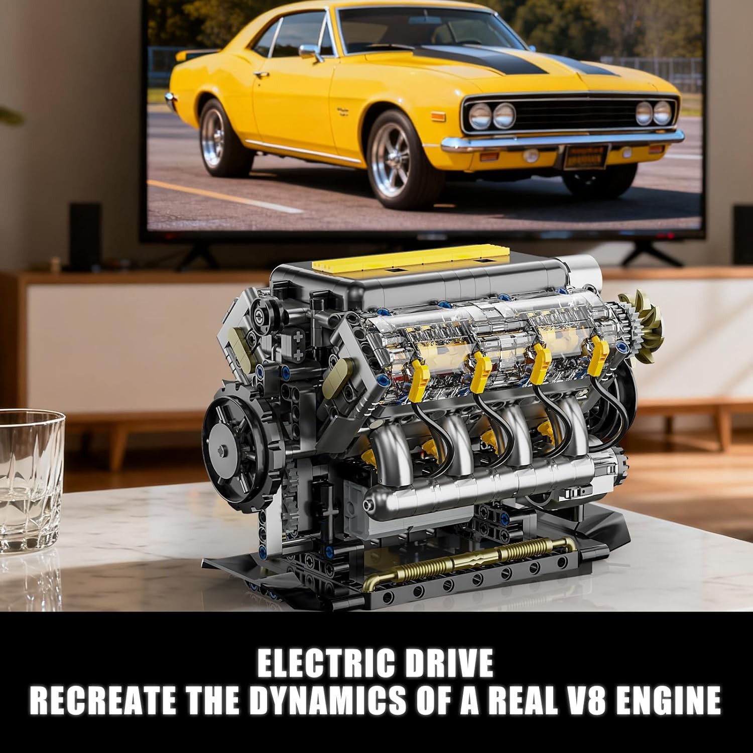 V8 Engine Model Kit That Runs, Visible Mini Car Motor Building Blocks Set for Ad