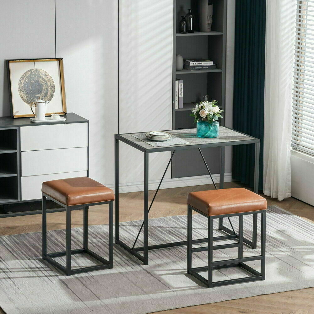 US 3Pcs Pub Rectangle Dining Set Wood Dining Table+2 Leather Cushioned Bar Chair