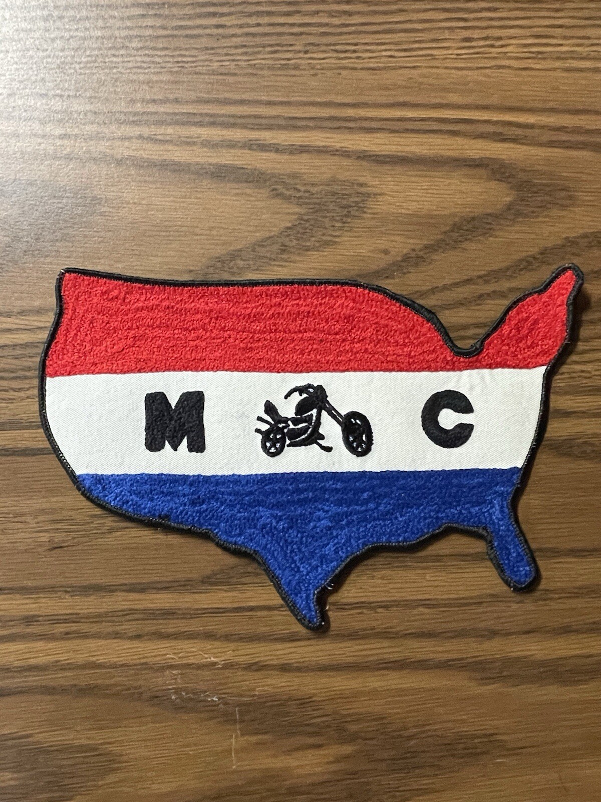 Vintage MC Motorcycle Club Patch Cut Embroidered Red White Blue Flag USA 9” New!