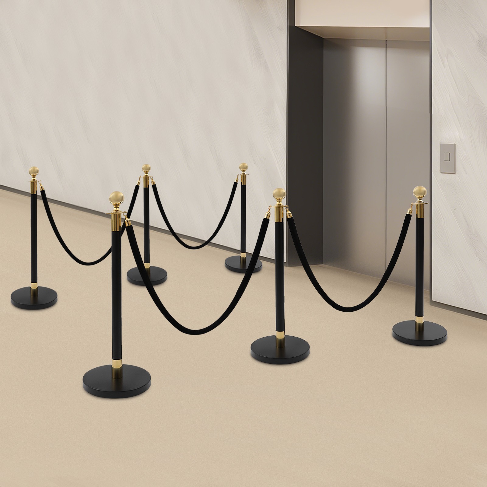 6x Gold+Black Stanchion Posts Queue Pole with 3 1.5M Ropes Crowd Control Barrier