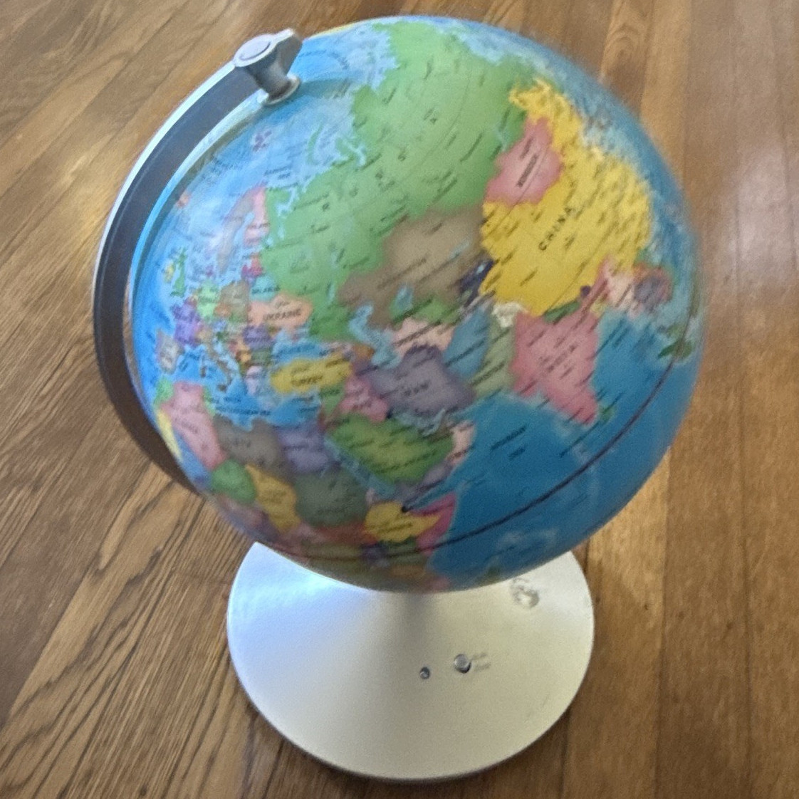 Rotating Tabletop World Globe, Multicolor with Silver Base, Metallic Finish