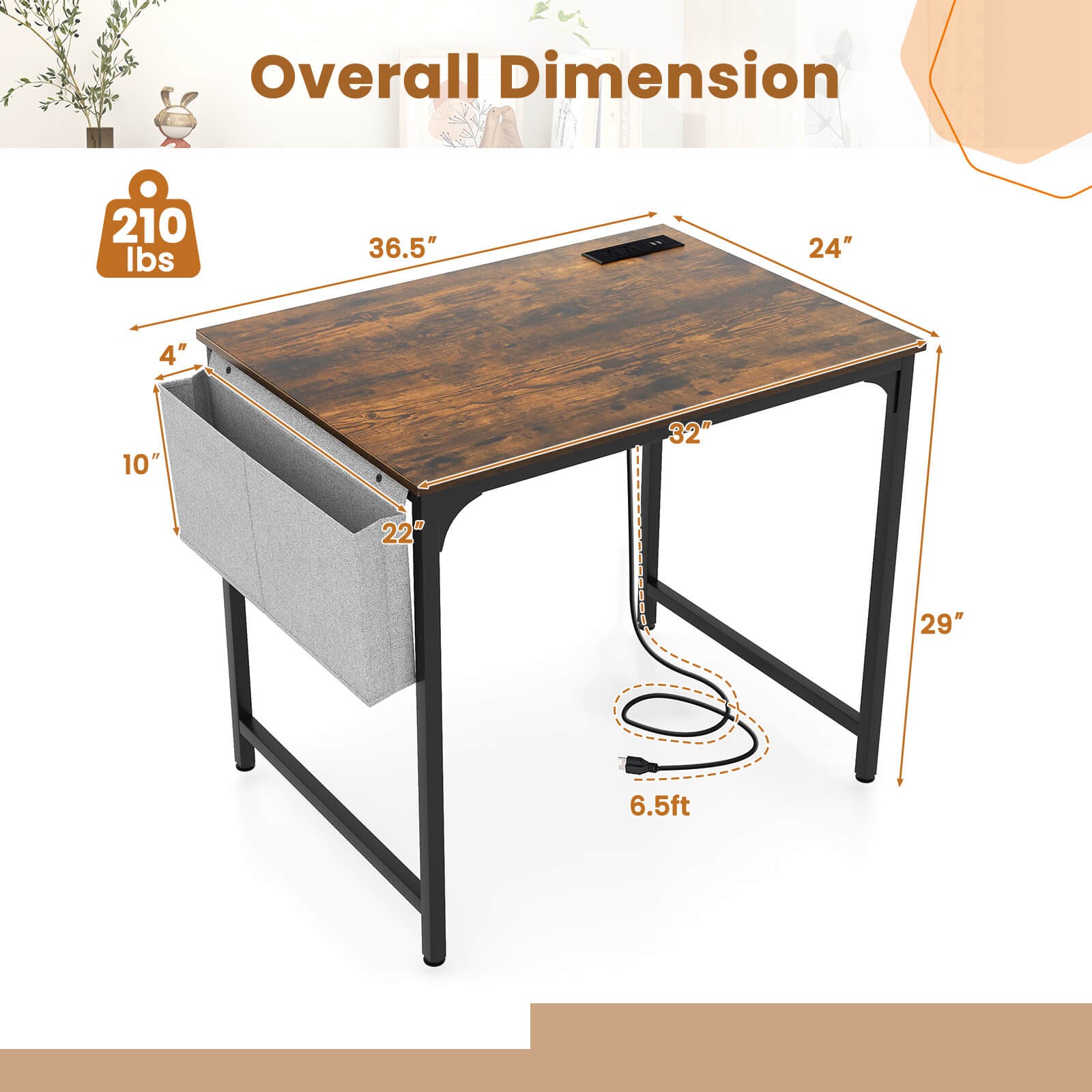 32" Computer Desk Small w/ Headphone Hook & Charging Station Storage Bag